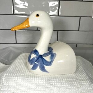 Vintage Duck Bookend Doorstop White Blue Bow Single Piece Ceramic